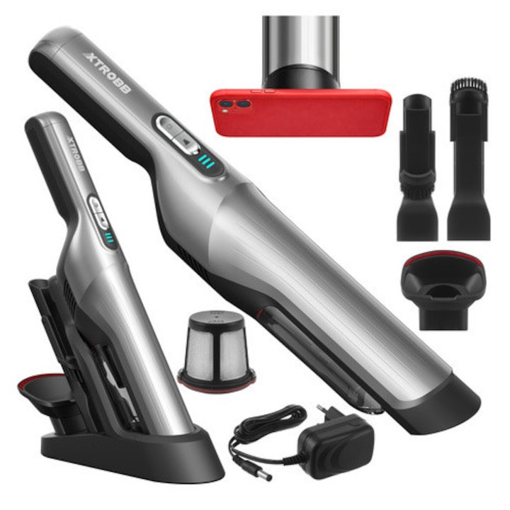 Aspirator Auto Portabil Xtrobb ProVac 100W, Motor Brushless BLDC, 16000 Pa, Filtru HEPA Dublu, Fara Fir, 2 Trepte Putere, Autonomie 30 min, Negru/Gri