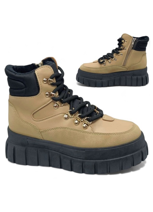 Botine dama, Camel, design versatil, platforma larga si stabila, fermoar si Inaltime toc, Inaltime, 17, Maro