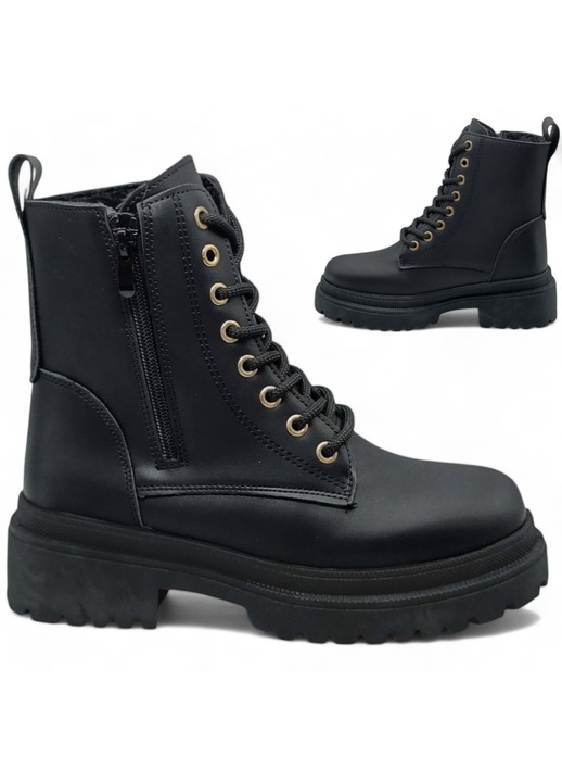 Botine dama, Talpa larga si stabila, Fermoar si siret, Inaltime toc, 3, Inaltime 19, Negru, Negru