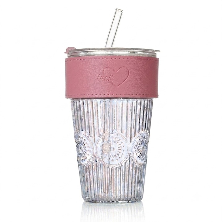 Pahar sticla cu capac si pai, pentru bauturi racoritoare, ArtemisGift, 560 ml, roz