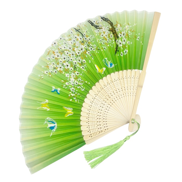 Evantai elegant SAKURA cu Flori, Crem/ Verde, Textil/ Bambus