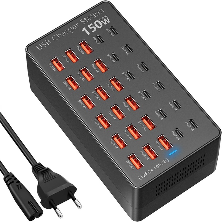 USB töltőállomás 150W, 30 portos 12x USB-C + 18x USB-A, PD 30W és QC 18W, GaN technológia, egyidejű töltés telefonokhoz, tabletekhez, fejhallgatókhoz és okosórákhoz, 1.5m tápkábel, fekete