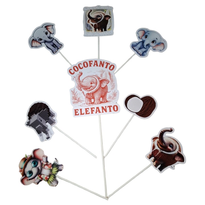 Decoratiune topper tort carton, tematica Cocofanto Elefanto, Brainroturi, aniversare - 8 piese