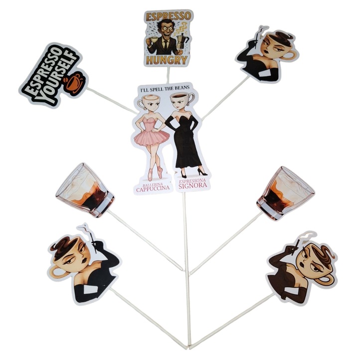 Decoratiune topper tort carton, tematica Espressona Signora, aniversare - 8 piese