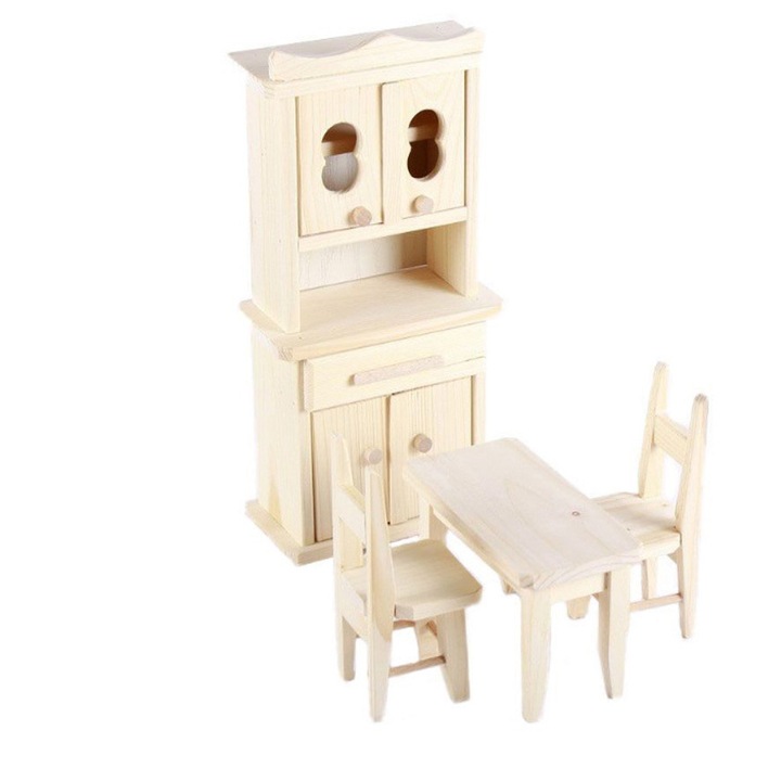Bucătărie de jucărie din lemn Natur, HAM BEBE, set cu masă, 2 scaune și dulap, 38x9, 5x16cm