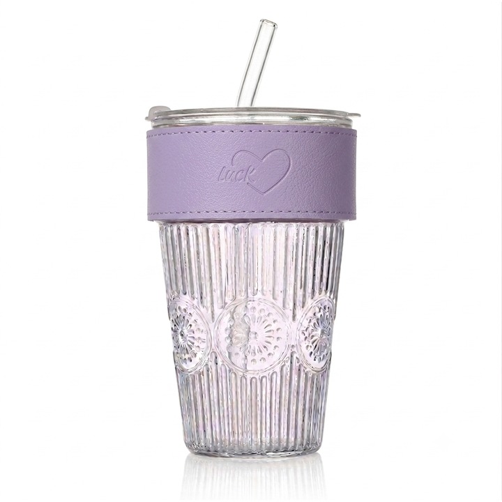 Pahar sticla cu capac si pai, pentru bauturi racoritoare, ArtemisGift, 560 ml, mov