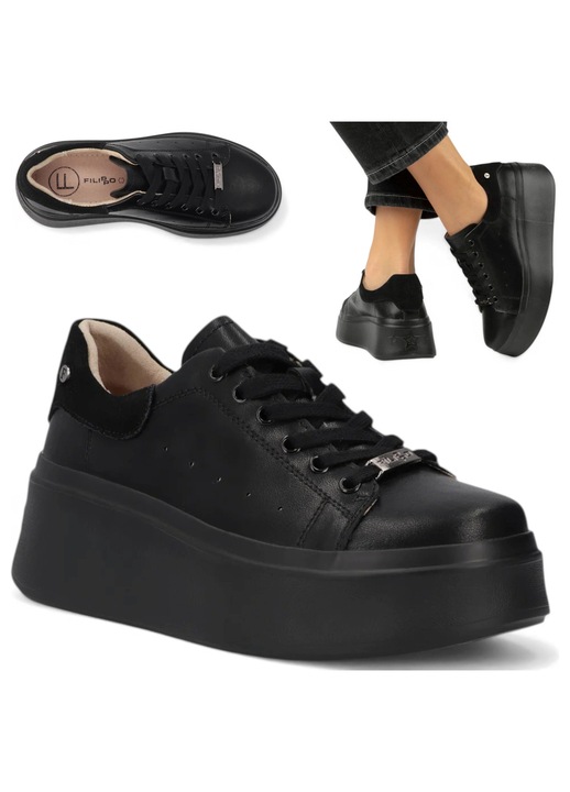 Pantofi sport dama, Filippo, piele naturala, negri, cu platforma, confortabili