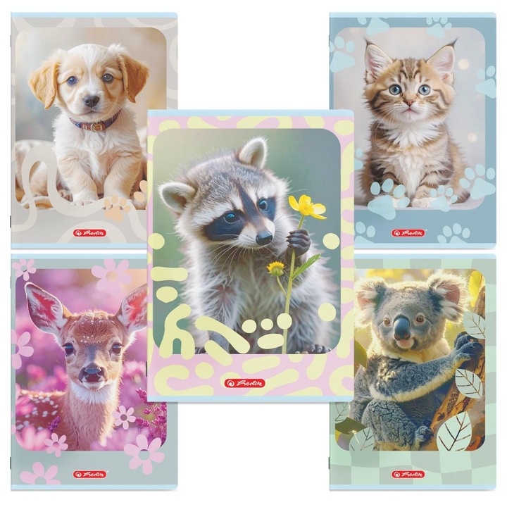 Set 5 Caiete Tip I Premium, 36 file, Herlitz, hartie 80 g/mp FSC, diverse motive animale