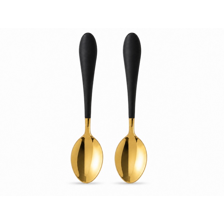 2 db Kávés és Desszert Kanál Szett, Elegáns Design, Ergonomikus Fekete Nyél, 16 cm, Prémium Arany Rozsdamentes Acél