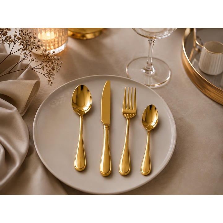 Set 12 Tacamuri Premium, 3 Linguri, 3 Cutite, 3 Furculite, 3 Lingurite, Finisaj Lucios si Elegant, Inox, Auriu