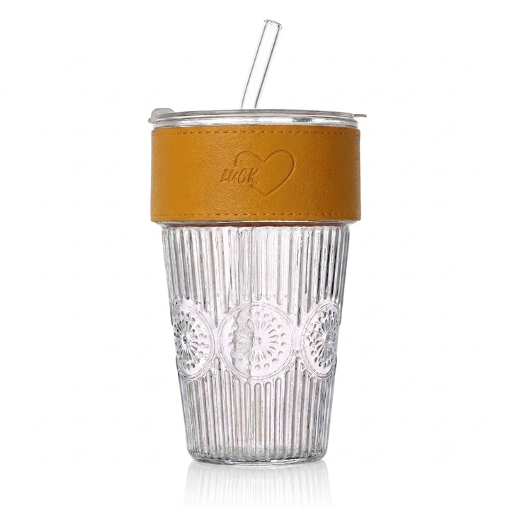 Pahar sticla cu capac si pai, pentru bauturi racoritoare, ArtemisGift, 560 ml, galben