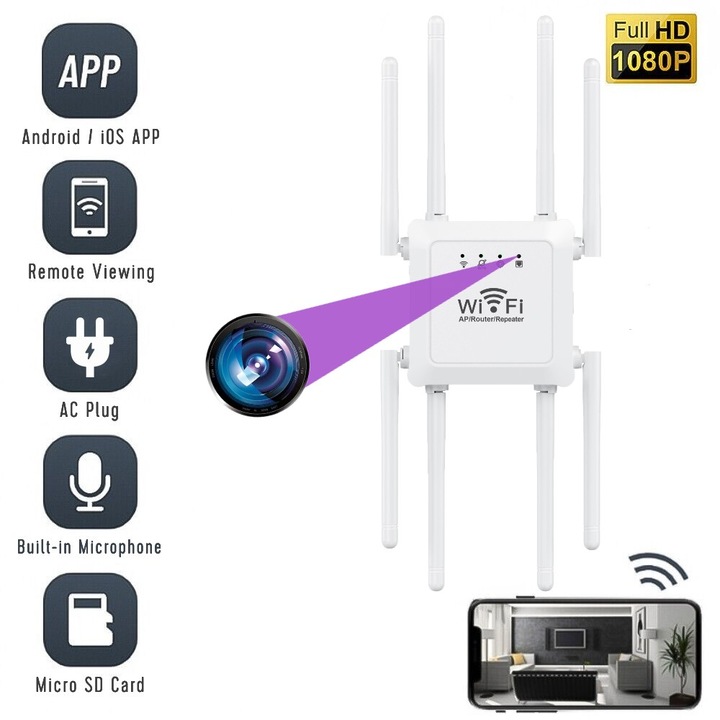 Kamera Mini Wi-Fi, MA-U183 jeladóval, Full HD, Mozgásérzékelés, 32GB-os Micro SD kártyával és Élő alkalmazással