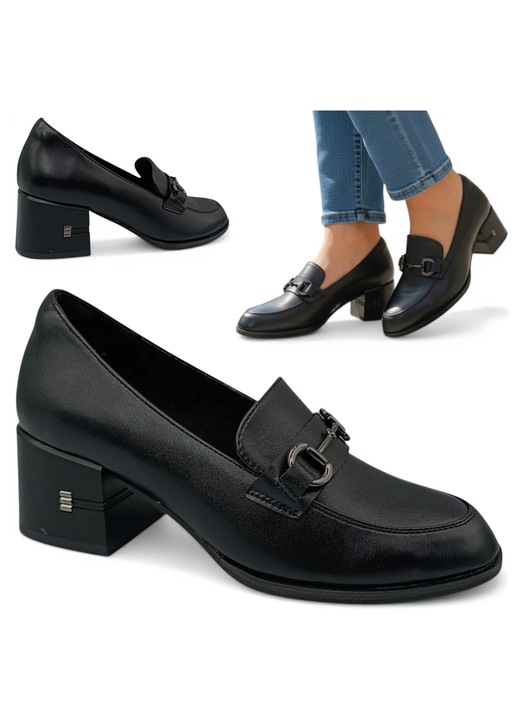 Mocasini dama, Vinceza, piele naturala, slip-on, negri, cu toc