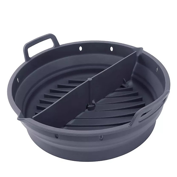 DAM ELECTRONICS kerek, összecsukható szilikon airfryer forma fogantyúkkal – 22 × 19 × 6 cm – élelmiszeripari minőség – fekete