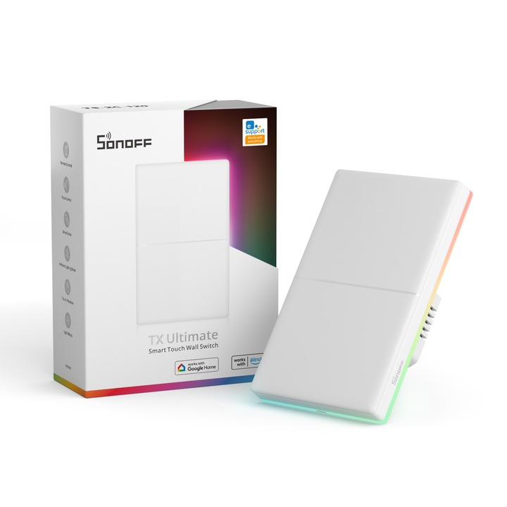 Sonoff intelligens érintős fali kapcsoló T5-2C-120 – 2 csatornás intelligens kapcsoló, érintőpanel, RGB világítás és haptikus visszajelzés