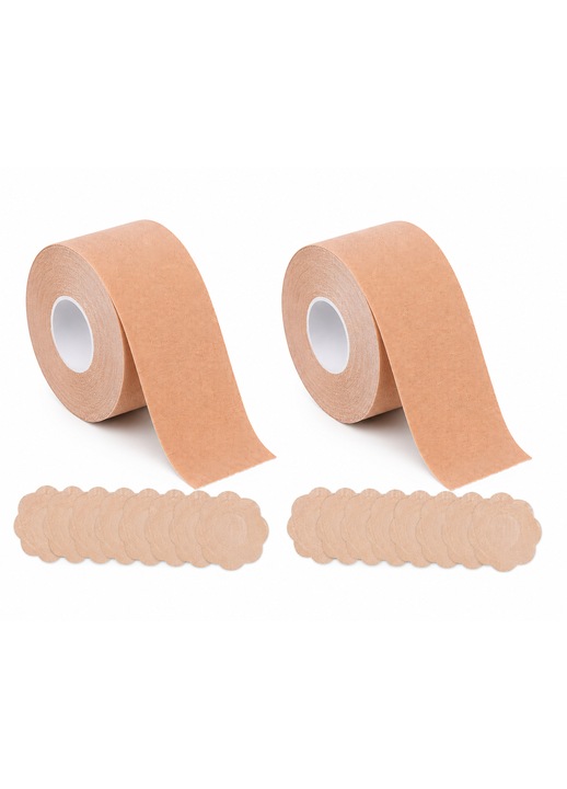 2 db Ragasztószalag Szett Mellfeszesítéshez és Tartáshoz, 2 x 5 m x 5 cm, 180%-ban Rugalmas, Vízálló, 20 db Mellbimbóvédővel