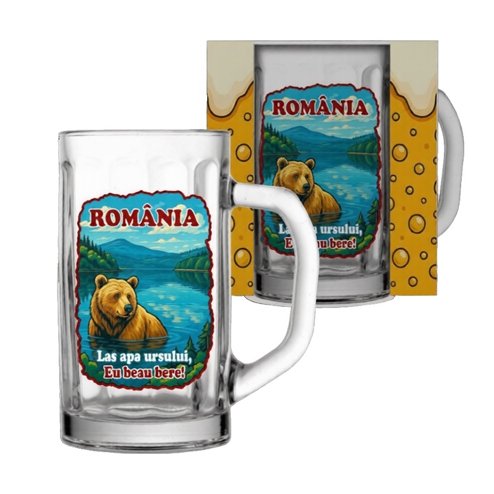 Halba de Bere cu Mesaj „Las Apa Ursului, Eu Beau Bere”, 400 ml, include Cutie Cadou