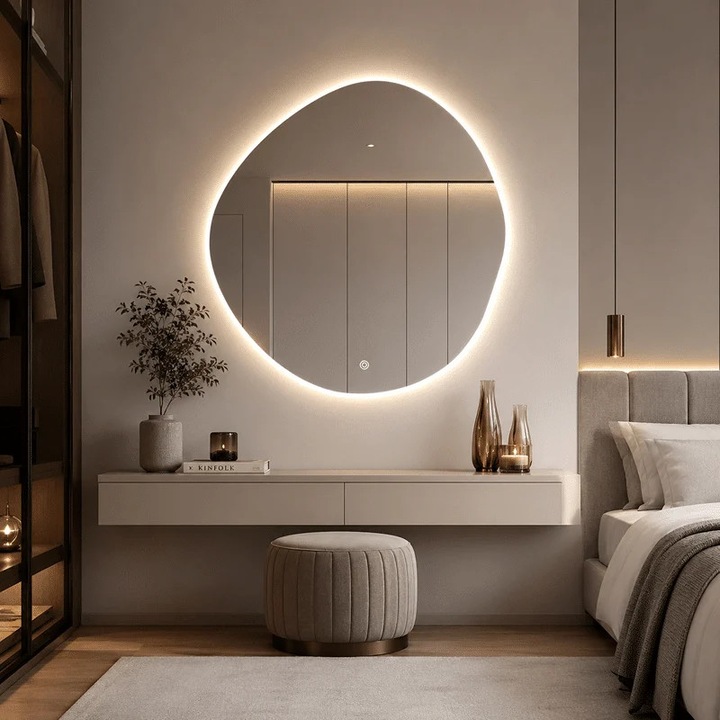 Aszimmetrikus Premium LED Tükör 80×80 cm, Háttérvilágítás, 3 Fényfajta - Meleg, Hideg, Semleges