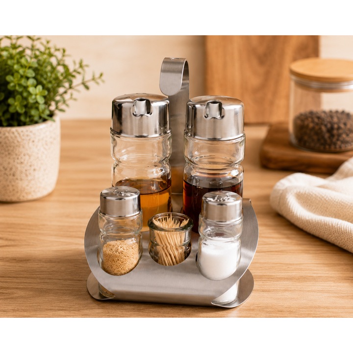 Set Oliviera Cu 5 Recipiente Din Sticla Si Capace din Metal Cromate