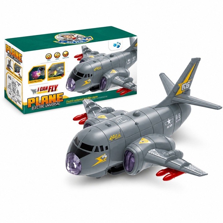 Avion Transportator Electric I Can Fly Ace Pilot, Jucarie Avion Militar Cu Lumini Si Sunete, Efecte De Rulare Si Rotire, Aeronava De Transport Pentru Copii, Avion De Jucarie Cu Design Militar, Cadou 3 Ani+, Szürke