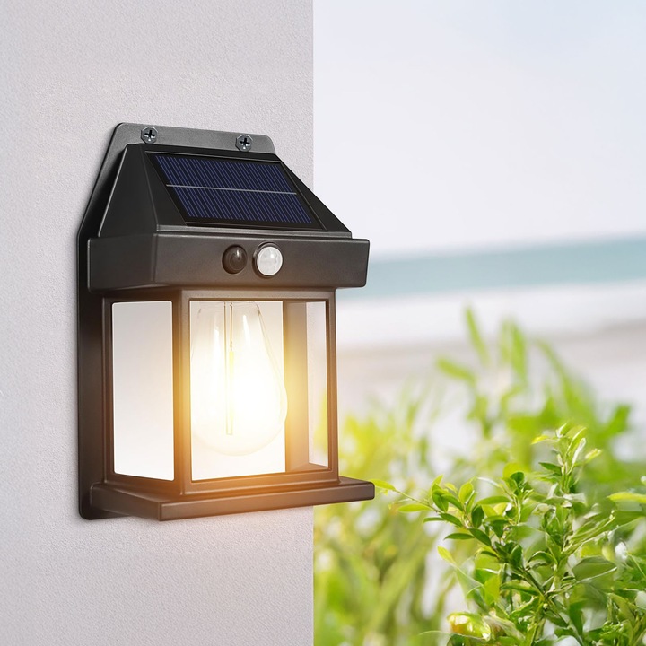 Lampa solara perete cu senzor miscare LED alb cald, 17 cm, 3 moduri, iluminat exterior
