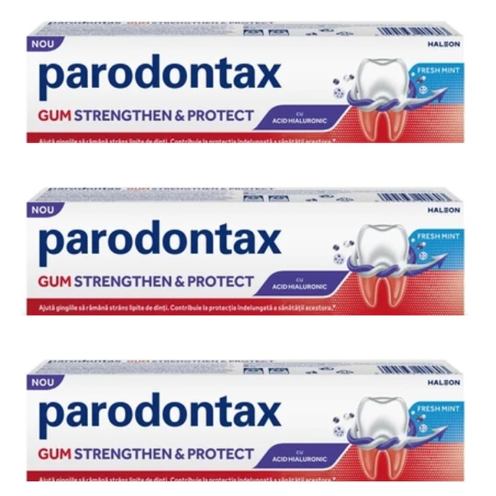 Set 3X Pasta dinti cu acid hialuronic Parodontax Gum Stregthen & Protect Fresh Mint, 75 ml