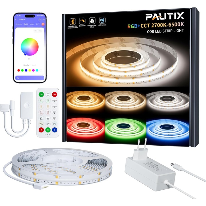 PAUTIX RGBCCT COB LED szalag, 5M, Szabályozható, RGB+WW/CW, 2700K-6500K, Távirányító