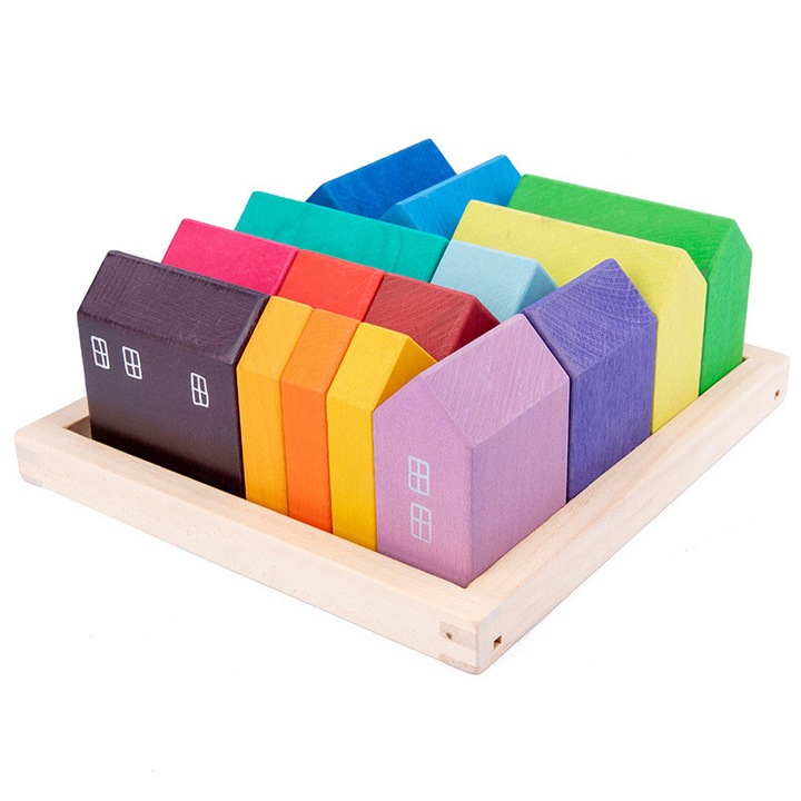 Set 15 casute din lemn cuburi creative Rainbow Blocks CX-147