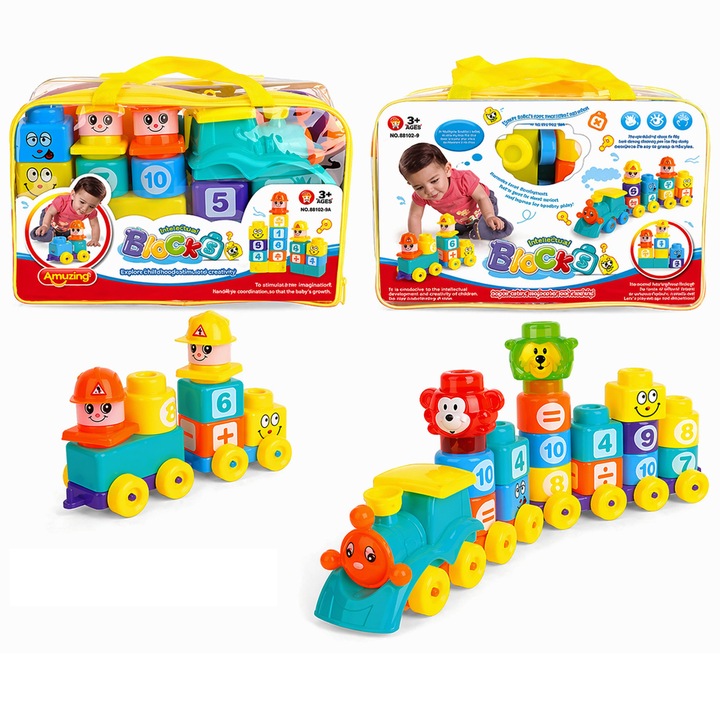 Set de cuburi de construit cu trenulet, cifre si forme 32 piese Amusing Blocks