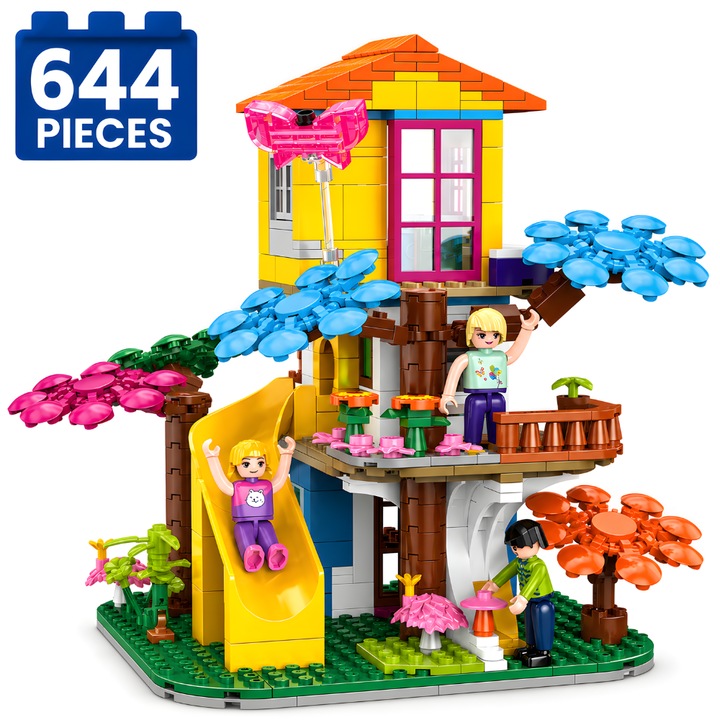 Set de Constructie cu Piese Tip Blocuri Constructie 644 Piese MiniBric® Forest Slide Treehouse, Colectia Fairytale Dream, Casuta, Topogan, Copii, Pentru Fete si Baieti, 2912- DS, Cadou Ideal Pentru Fetite si Baietei Pasionati de Jucarii de Constructie
