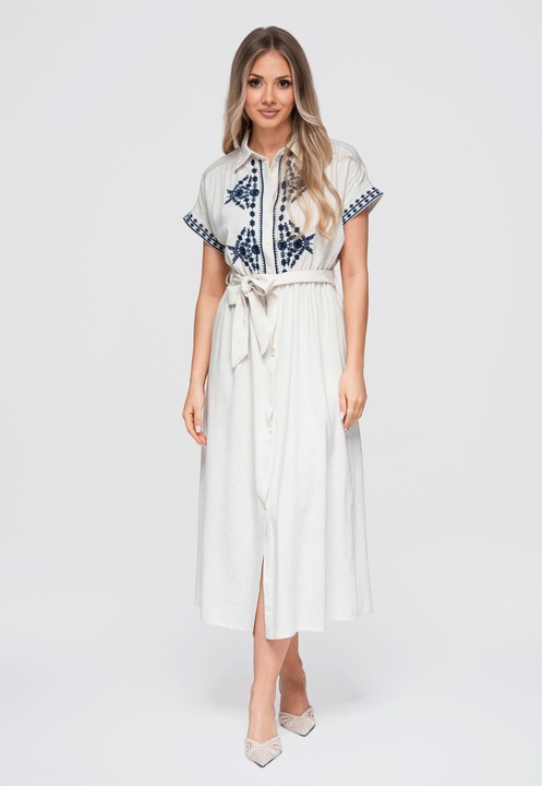 Midi női ruha klasszikus gallérral, rövid ujjakkal, övvel, laza fazonban OW-DLR-E0012, beige/navy, M/L