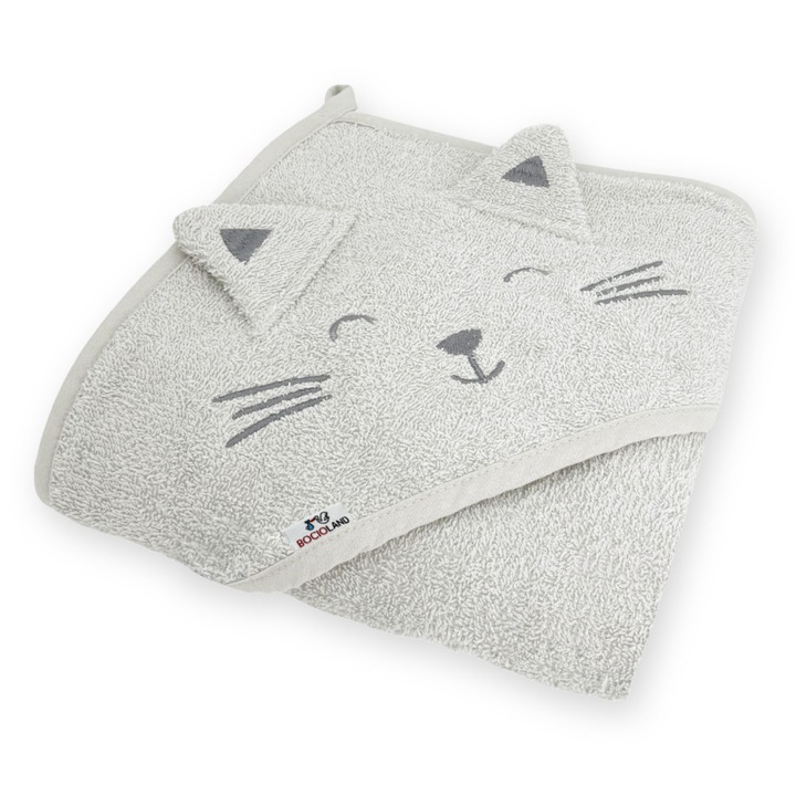 Хавлиена кърпа от памук за деца Bocioland Kitty Grey 95x95 см, бродирана качулка, декоративни уши, 100% памук