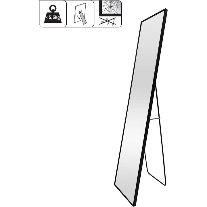 Téglalap alakú tükör, fekete INSPIRE kerettel, lábbal, mérete 151.5 x 35 cm