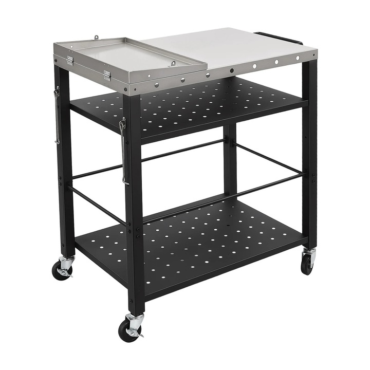 Carut BBQ modern, carucior gratar, inox, 4 rafturi, mobil pe 4 roti, suport independent, negru argintiu