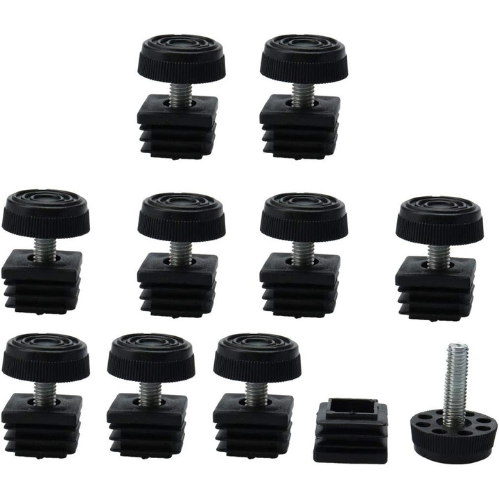Picioare reglabile de nivelare pentru mobila, picioare reglabile, pernite pentru mobila, picioare de masa, picioare de scaun, baza de protectie pentru podea, patrate 25 mm x 25 mm, diametru baza 30 mm, kit de 10 piese