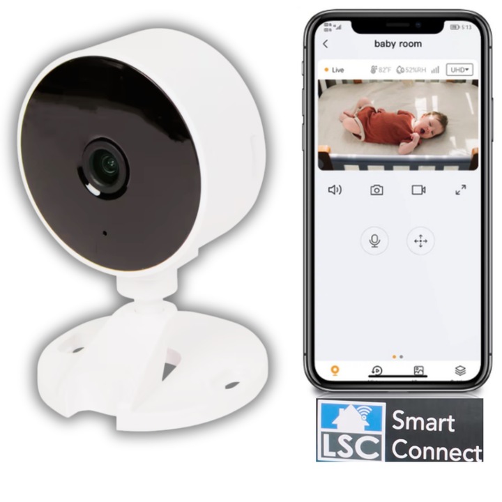 Камера WiFi за наблюдение на бебета LSC Smart Connect, 1080p Full HD, двупосочно аудио, нощно виждане, мониторинг на бебета, деца и възрастни, без хъб, приложение за iOS Android, за интериор