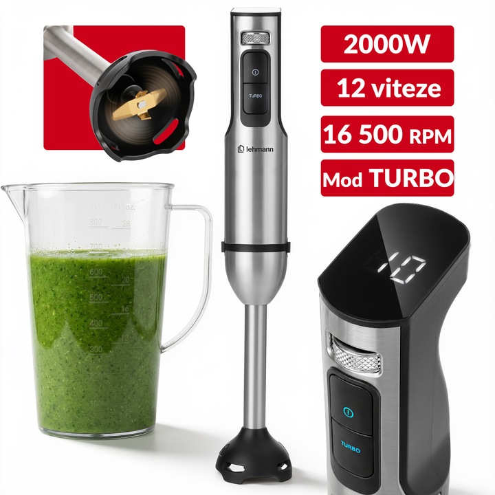 Lehmann Selecto Essential rúdmixer, 12 sebesség + Turbo funkció, Arany titán penge, 800 ml-es edény, 16500 ford./perc, smoothie-khoz, levesekhez és szószokhoz, Ezüst