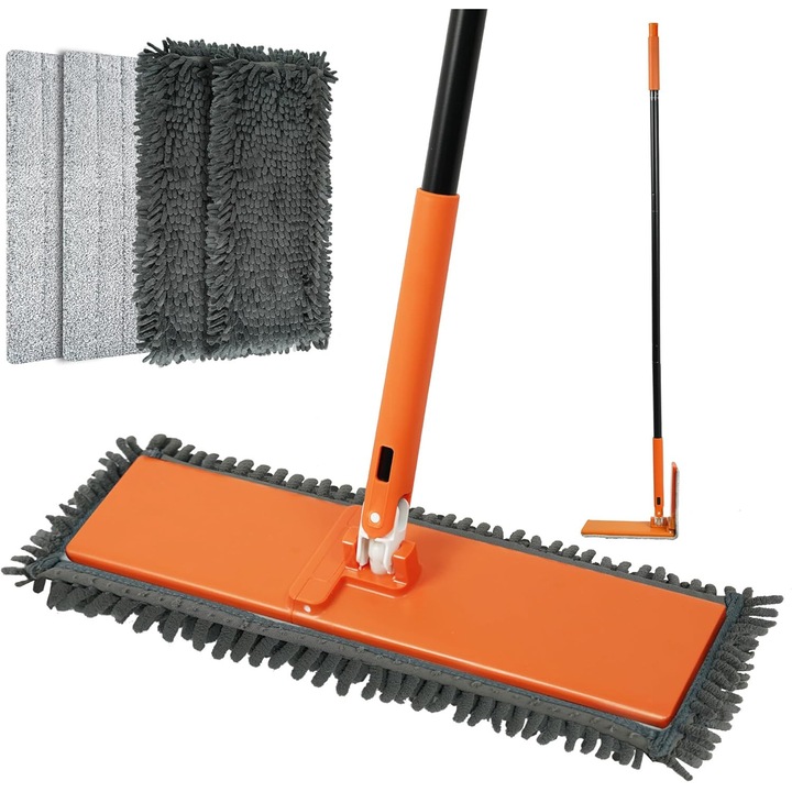 Mop plat pliabil, JEHONN, 132 cm, 4 lavete, pentru curatare umeda si uscata, portocaliu, carlig de agatare, fabricat din chenille si