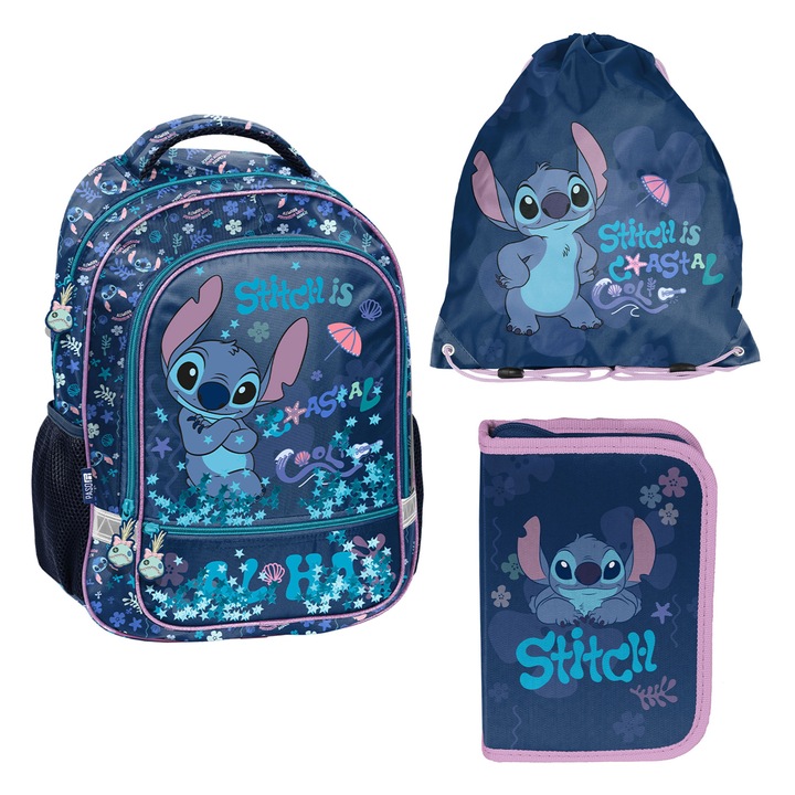 Iskolaszett Stitch Paso, kétrekeszes hátizsák, fényvisszaverő elemekkel és merevített háttal, tolltartó tartalom nélkül, de zsebekkel az írószereknek, cipőzsák, amely háton is hordható, DS26XX