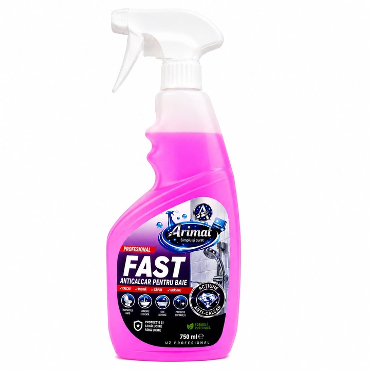 Solutie Anticalcar pentru Baie Arimat ® FAST, Solutie Curatare Profesionala, Indeparteaza Calcarul, Rugina si Depunerile de Sapun, 750 ml