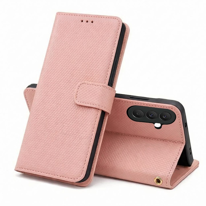 Tok Samsung Galaxy A17 5G DaDen® Smart Triangle, Kártyatartó, Mágneses záródás, Prémium minőség, Műbőr, Rózsaszín
