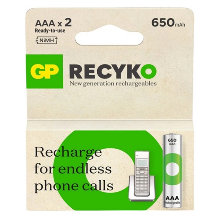 Gp recyko elem, AAA, 1.2V, 650mAh Ni-MH, reîncărcabil, 2 buc/pachet