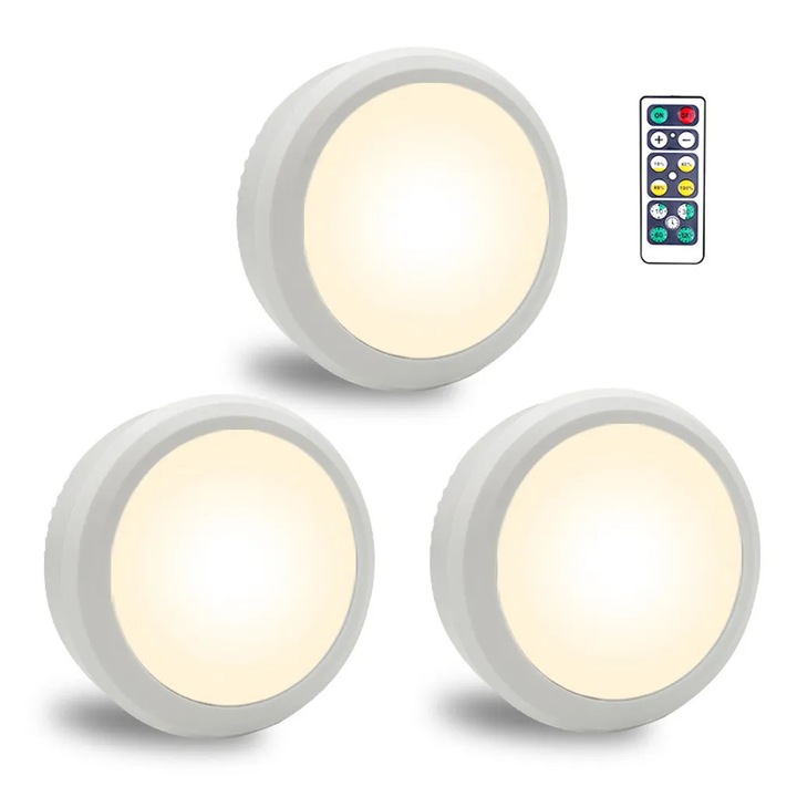LED спот безжичен K0345-0807-KFCJ-xw224, захранване на батерии, с дистанционно управление и тъч, димируем, 3 избираеми цветови температури (топло / неутрално / студено), бял, комплект 3 бр.