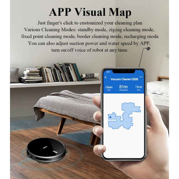 Aspirator robot ABIR G20S, putere de aspirare de 6000 Pa, navigare inteligenta cu harta 2D, aspirare si stergere 2-in-1, control prin aplicatie WiFi si Alexa, negru