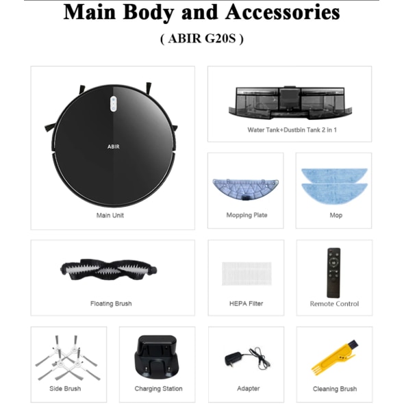 Aspirator robot ABIR G20S, putere de aspirare de 6000 Pa, navigare inteligenta cu harta 2D, aspirare si stergere 2-in-1, control prin aplicatie WiFi si Alexa, negru