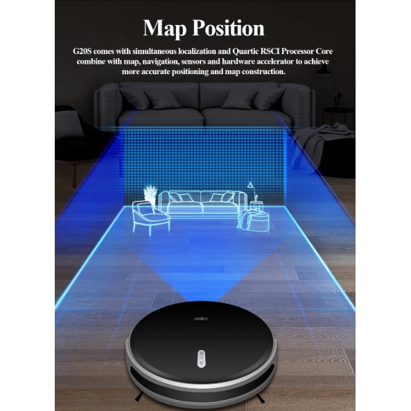 Aspirator robot ABIR G20S, putere de aspirare de 6000 Pa, navigare inteligenta cu harta 2D, aspirare si stergere 2-in-1, control prin aplicatie WiFi si Alexa, negru