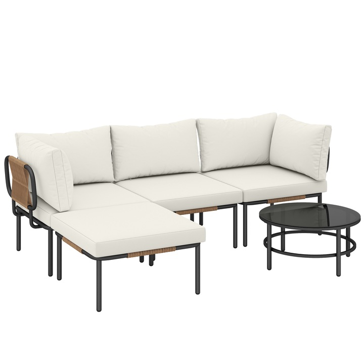 Kerti bútor 5 részes párnákkal, Outsunny, PE rattan, acél, 192 x 126 x 60 cm, bézs