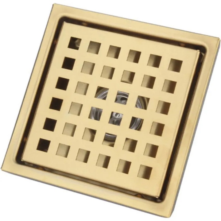 Sifon podea inox, filtru par, neutralizare miros, 15x15cm, auriu periat