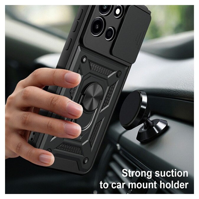 Husa Spate Upzz® Camshield Compatibila Cu OnePlus Nord 6, Protectie La Camere, Inel Metalic, Stand - Negru
