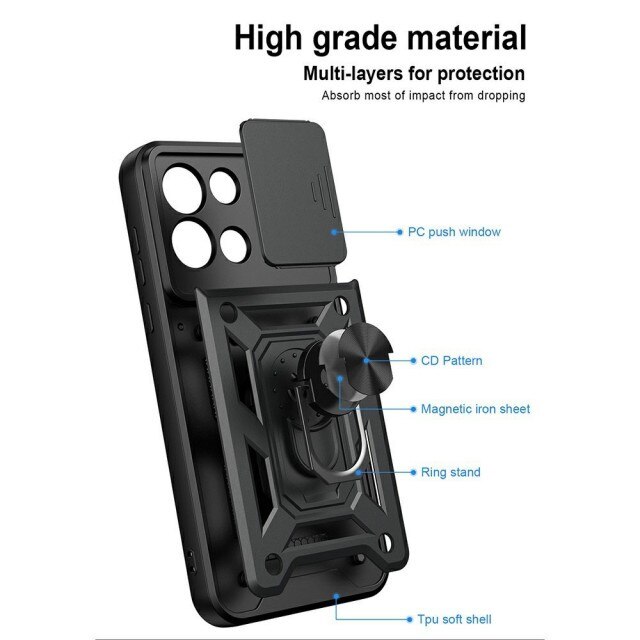 Husa Spate Upzz® Camshield Compatibila Cu OnePlus Nord 6, Protectie La Camere, Inel Metalic, Stand - Negru